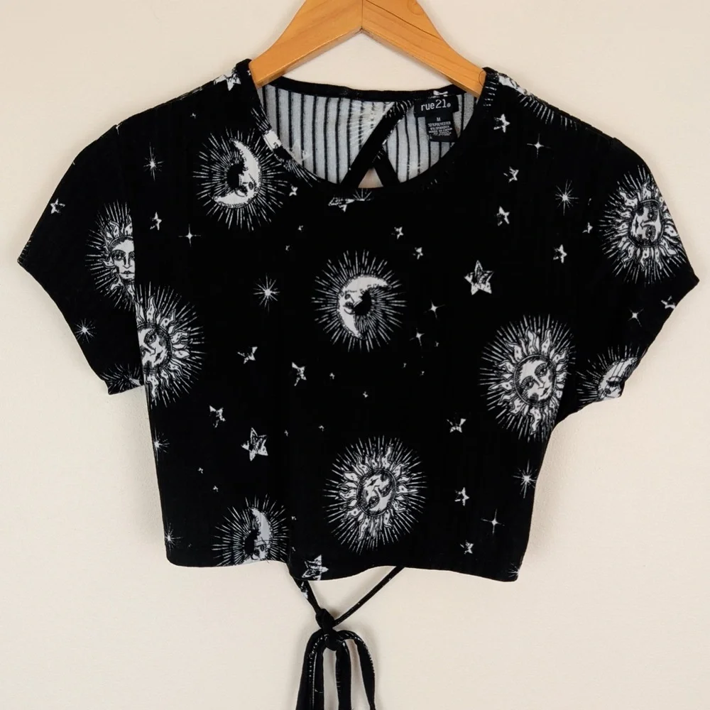 Rue 21 Celestial Black Crop Top Sun and Moon Design - Picture 2 of 5